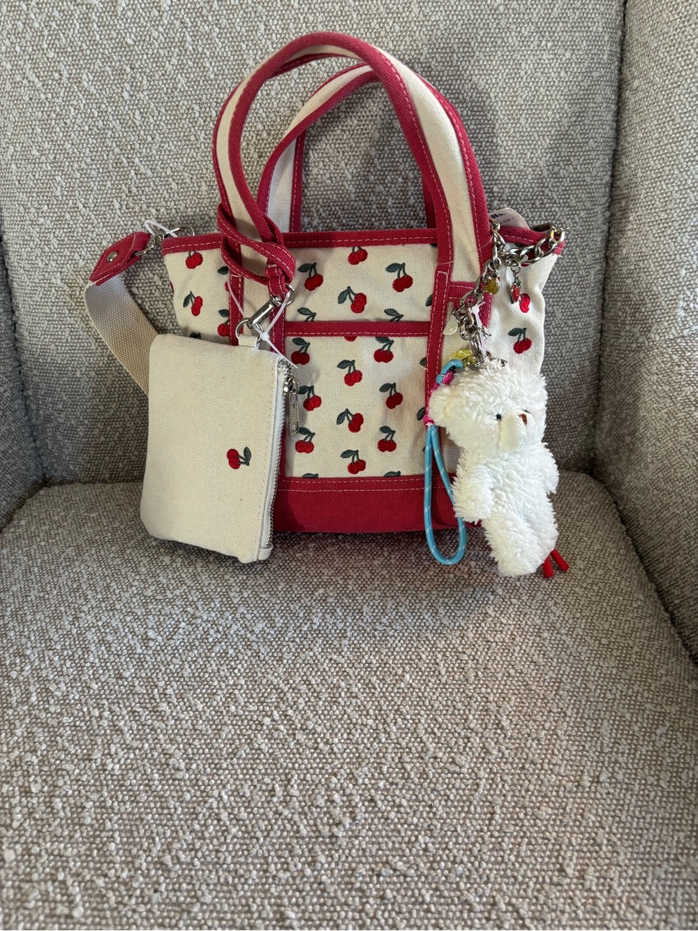 Madden Girl Cream Canvas Tote with Red Cherry Print